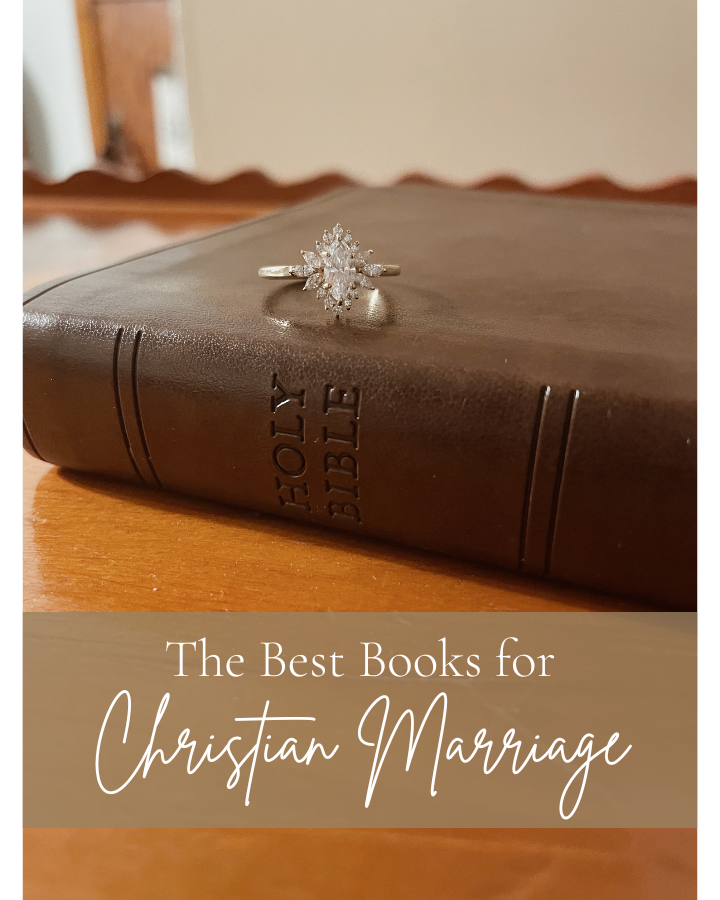 Engagement ring on leather Bible and the words "The Best Books for Christian  Marriage"