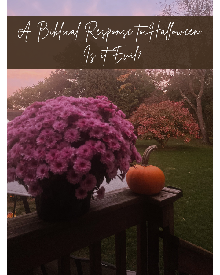 Picture of a pink mum and a small pumpkin with the words "A Biblical Response to Halloween: Is it Evil?"