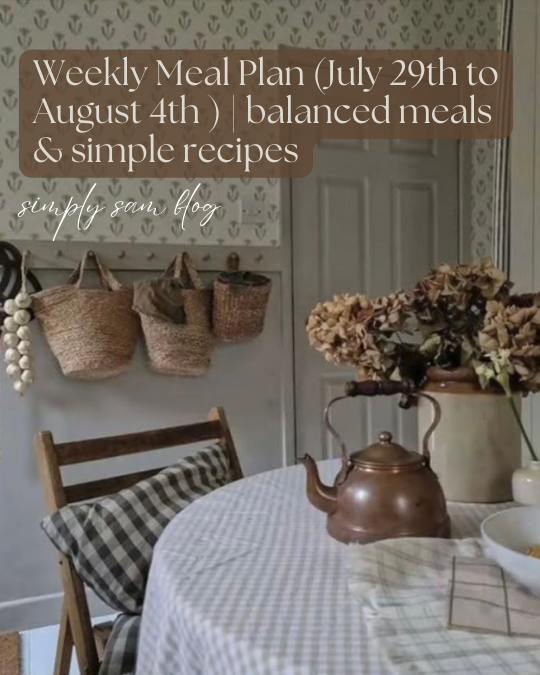 English cottage kitchen with the words "weekly meal plan; balanced meals and simple recipes."